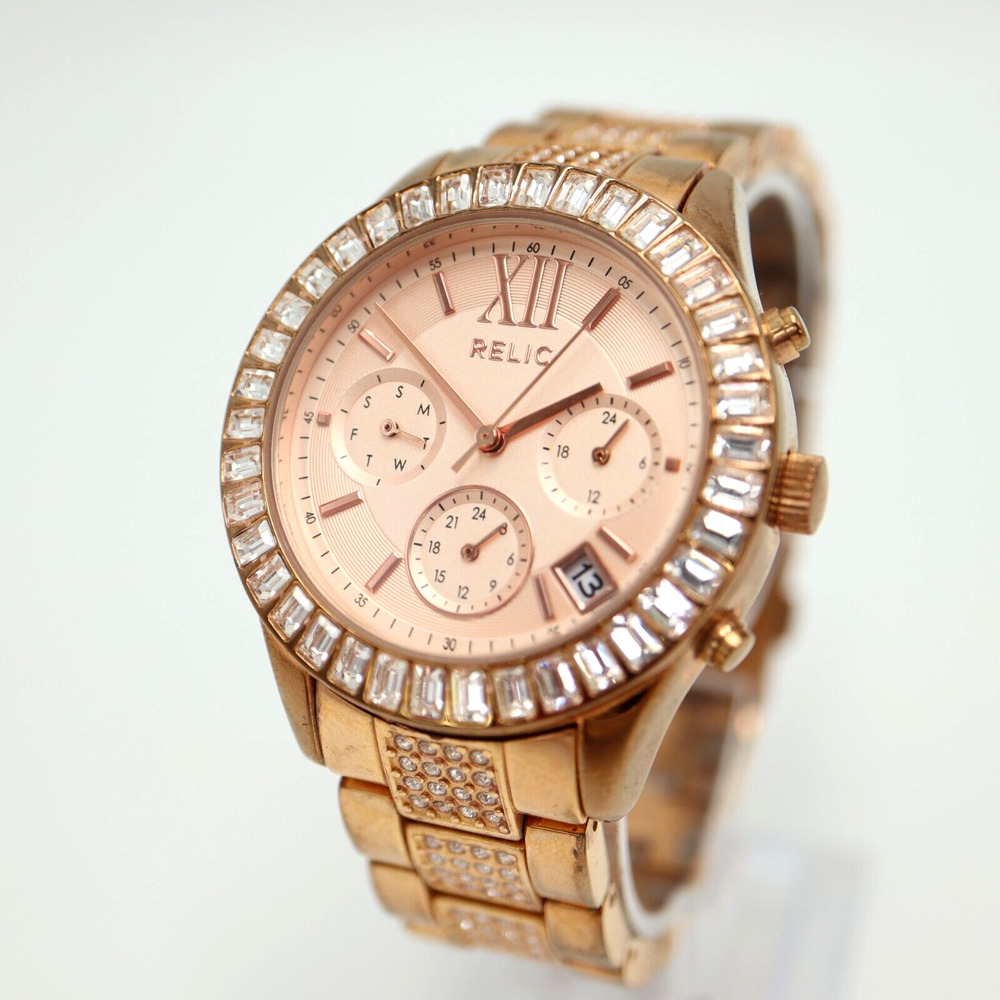 Relic Women's Watch Rose 37mm Gold Tone Day Date Pave Bling with New Battery